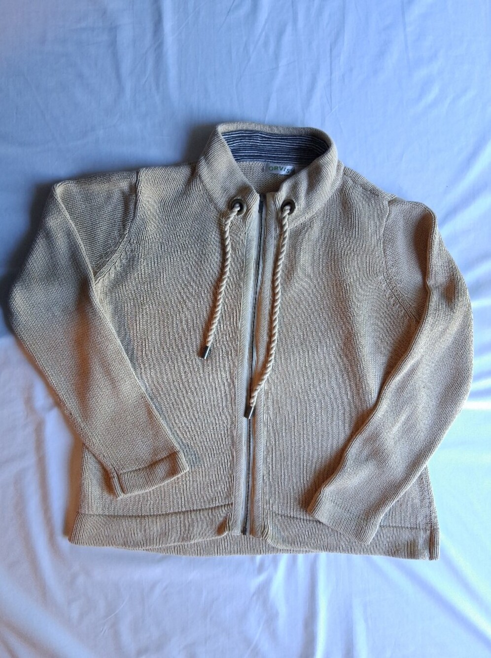 Vintage Orvis Cotton Sweater Tan Zip Up knit  Nautical Detail Coastal